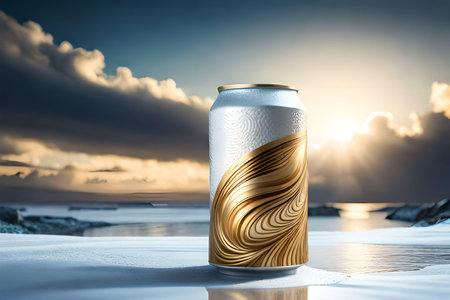 Aluminum beverage can drink mockup advertising template on the beach. 3d rendering.の素材