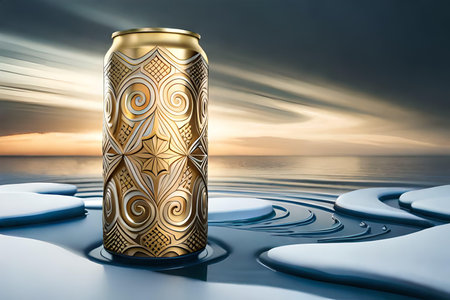 Golden can of beer,white and gold beverage can advertising template, on the background of the frozen sea. 3d renderingの素材