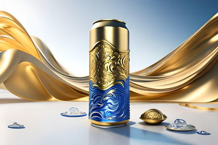 3d rendering of a golden beer can with golden wavy backgroundの素材