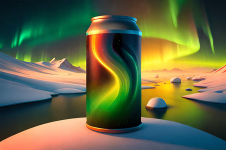 A can of beer on the background of an aurora borealisの素材