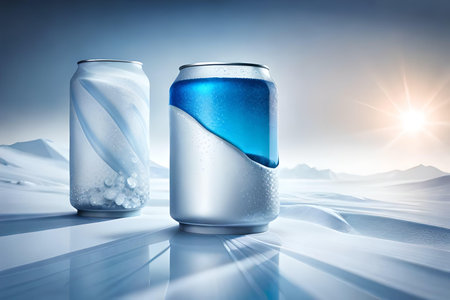 Aluminum cans with ice cubes and sun flare on blue sky backgroundの素材