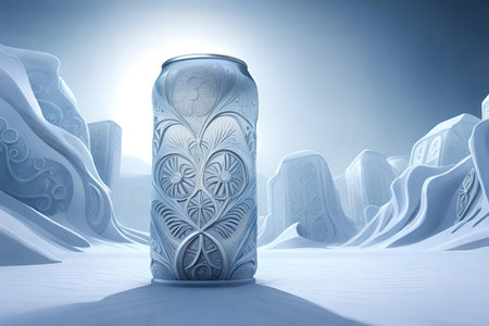 Drink can in winter landscape. 3D illustration. White background.の素材
