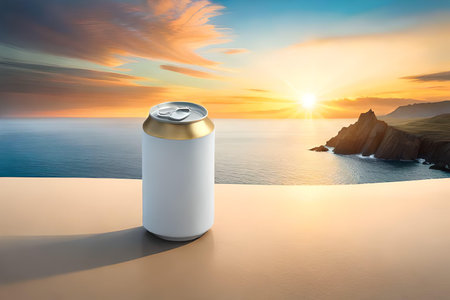 white and gold beverage can advertising template, Aluminum can on the beach with beautiful sunset. 3d renderingの素材