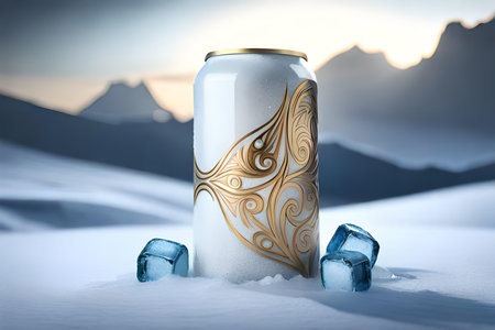 Can of beer, white and gold beverage can advertising template, with ice cubes in the snow. 3d renderingの素材