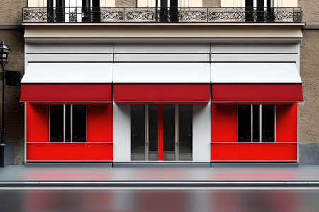Red and white facade of a shop in the city. 3d renderingの素材