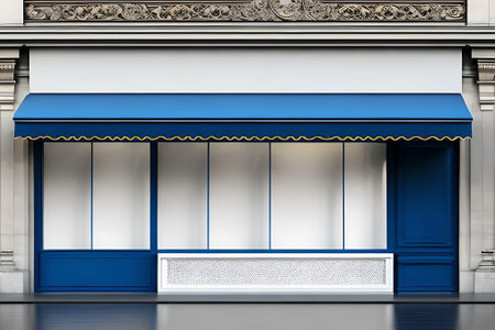 3D render of a shop window with a blue and white facadeの素材