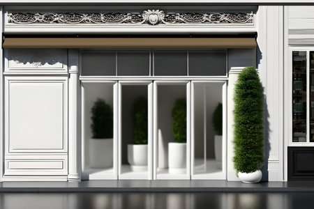 Contemporary white shop facade with plant. Mock-up, 3D Renderingの素材