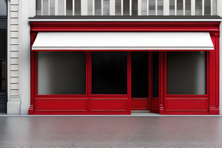 Shop front with red doors. 3d rendering. Mock-up.の素材