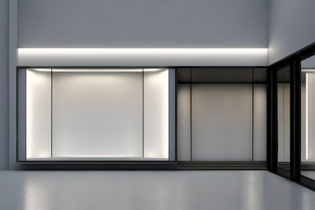 3d render of empty exhibition hall with glass door and white wallの素材