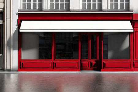 3d render of a red shop facade with a red front doorの素材