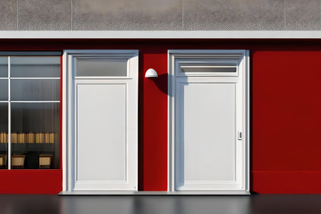 3D rendering of two doors in a red wall and a white doorの素材