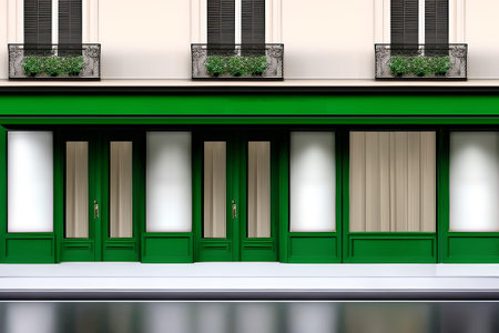 3d render of a facade of a building with green shuttersの素材