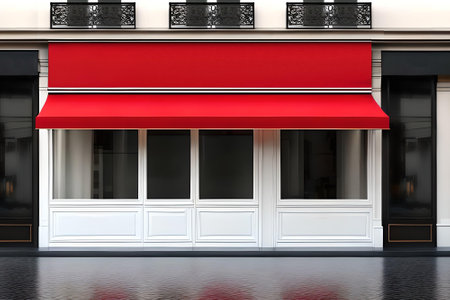 3d render of a shop facade with red and black blindsの素材