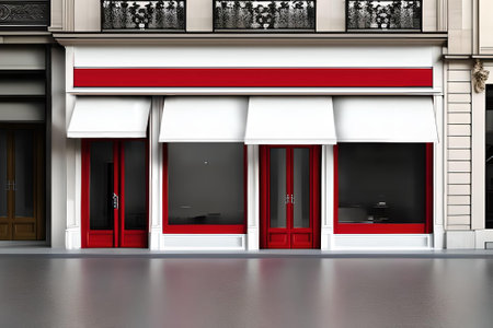 3d render of a red and white shop facade with a red doorの素材