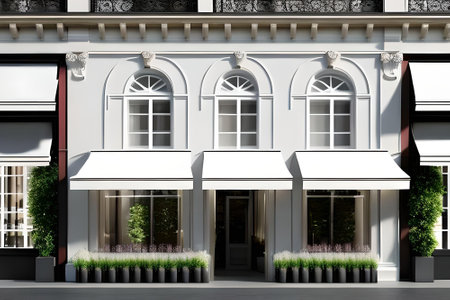 3d render of a shop facade of a building with awningの素材