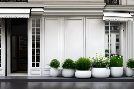 3D rendering of a classic shop front with a flower pot and a windowの素材