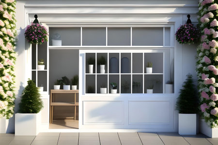 3d render of a living room with plants and a wooden shelfの素材