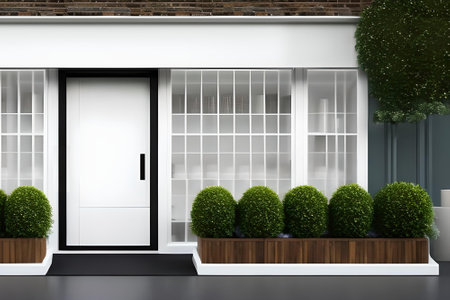 3d render of modern house with white door and green plant.の素材