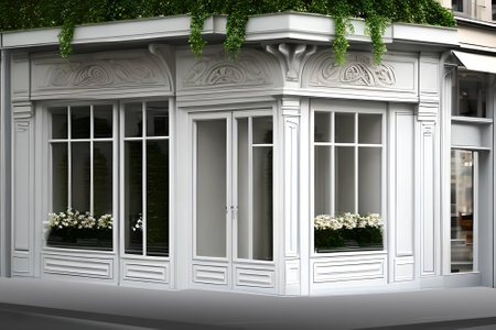 3d render of a modern white shop front with flowers and plantsの素材