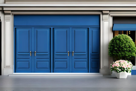 3d render of classic blue shop door in classic style with flower potの素材