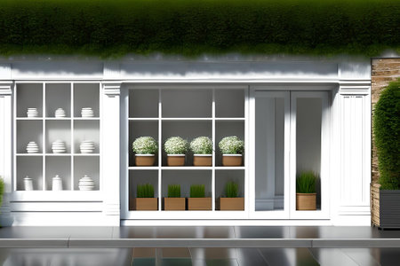 3d render of a white shop window with green plants in potsの素材