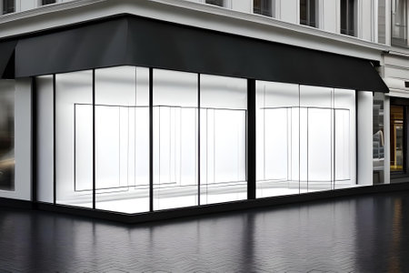Blank glass showcase in the city. 3d rendering mock-upの素材