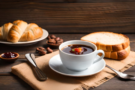 Cup of coffee with croissants and coffee beans on wooden backgroundの素材