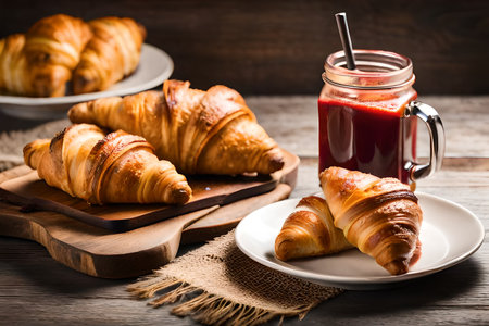Fresh croissants with juice on wooden background. Selective focus.の素材