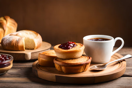 Coffee and croissants with jam on a wooden backgroundの素材