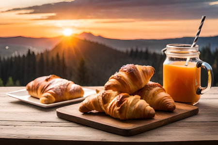Breakfast with coffee and croissants on wooden table in mountainsの素材