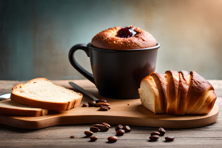 Breakfast with coffee and croissants on rustic wooden backgroundの素材