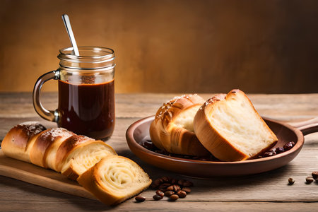 Breakfast with coffee and croissants on wooden background, selective focusの素材