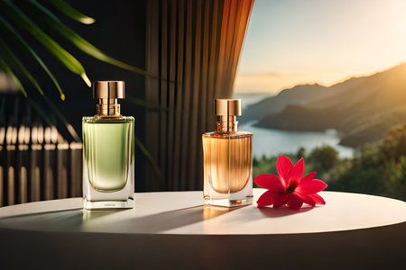 Perfume bottle on the table with beautiful nature view background.の素材