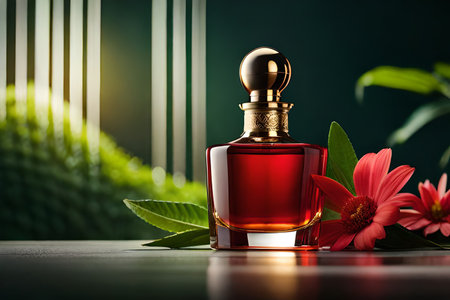 Perfume bottle with red flower and green leaves on dark backgroundの素材