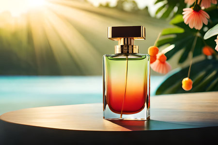 Perfume bottle on a table with tropical plants and sea backgroundの素材
