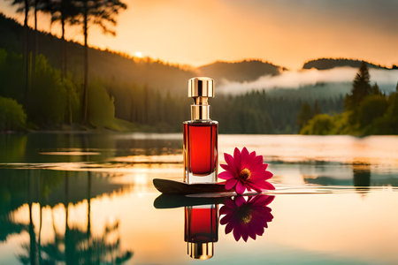 Perfume bottle with pink flower on lake in mountains at sunsetの素材