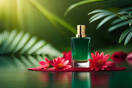 Perfume bottle with red flower on green background, copy spaceの素材