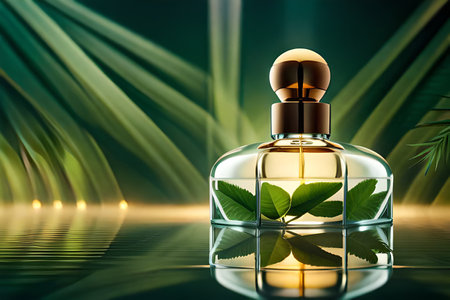 Perfume bottle with green leaves on dark background. 3d renderingの素材