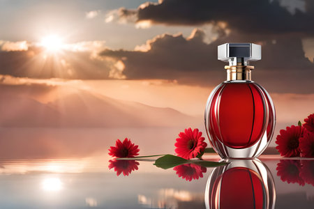 Perfume bottle with red gerbera flowers on the background of sunsetの素材