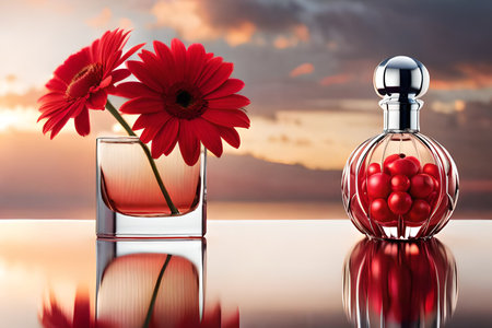 Perfume bottle with red gerbera flowers on the glass table.の素材