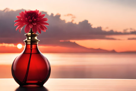 Red glass bottle with flower on the background of the sea and sunsetの素材
