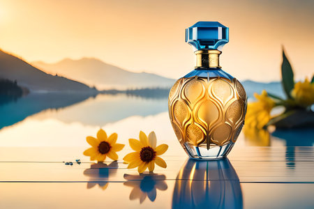 Perfume bottle with flowers on the background of mountains and lakeの素材