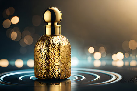 Perfume bottle on water surface with bokeh background. 3d renderingの素材
