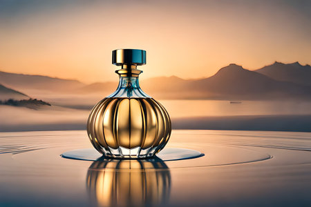 Perfume bottle on a background of mountains. 3d renderingの素材