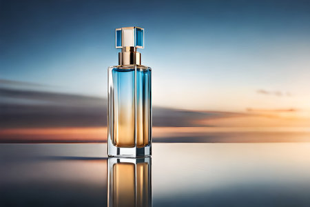 Perfume bottle on sunset sky background. 3d illustration.の素材
