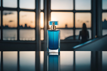 Perfume bottle on the glass table with city view background.の素材