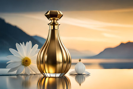 Perfume bottle with chamomile flower. 3d renderingの素材