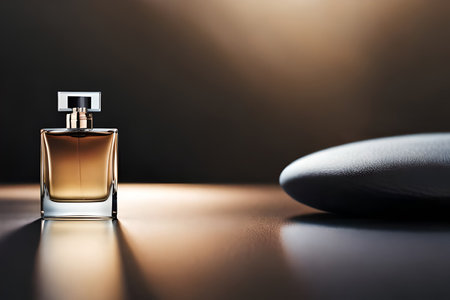 Perfume bottle on the table with a black background. Perfumery concept.の素材