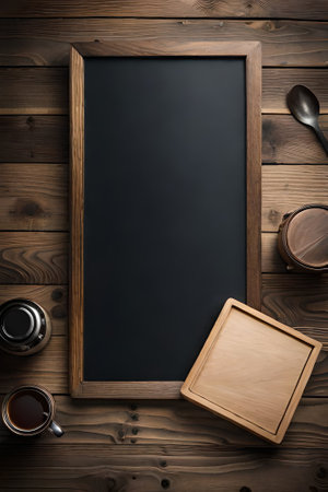 Empty blackboard with wooden frame, cup of coffee and spoon on wooden backgroundの素材