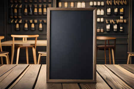 Blank black menu board on wooden table in restaurant. Mock-up, 3D Renderingの素材